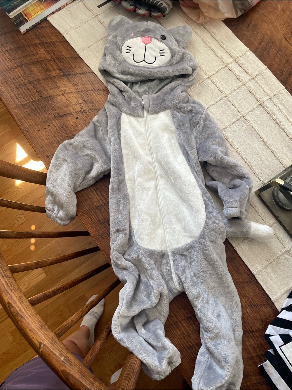 Kids Plush Gray Cat One-Piece Hooded Romper
